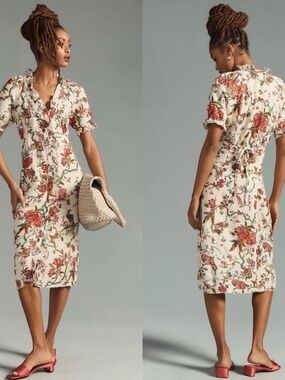 Anthropologie Pilcro Floral Linen Ruffle Dress size 14